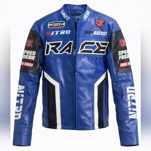 Copper Rivet Men's Blue Moto Racing PU Leather Jacket